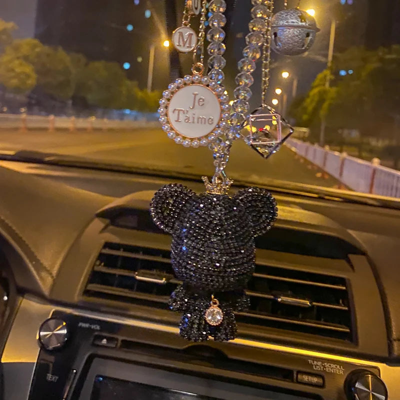 Fashion Crystal Cartoon Bear Car Pendant – Rhinestone Bell Hanging Ornament with Tassels