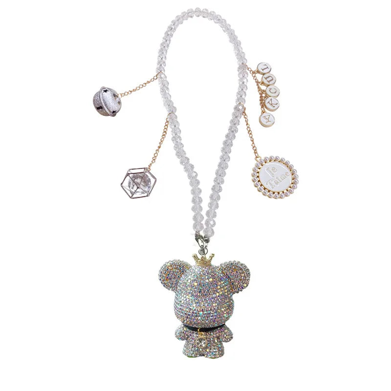 Fashion Crystal Cartoon Bear Car Pendant – Rhinestone Bell Hanging Ornament with Tassels