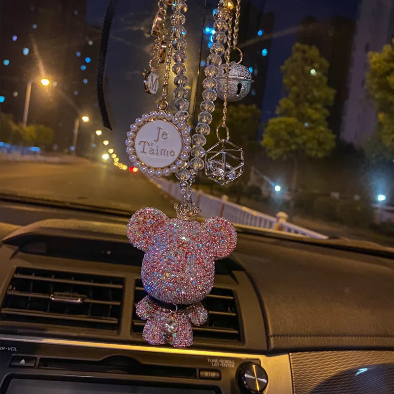 Fashion Crystal Cartoon Bear Car Pendant – Rhinestone Bell Hanging Ornament with Tassels