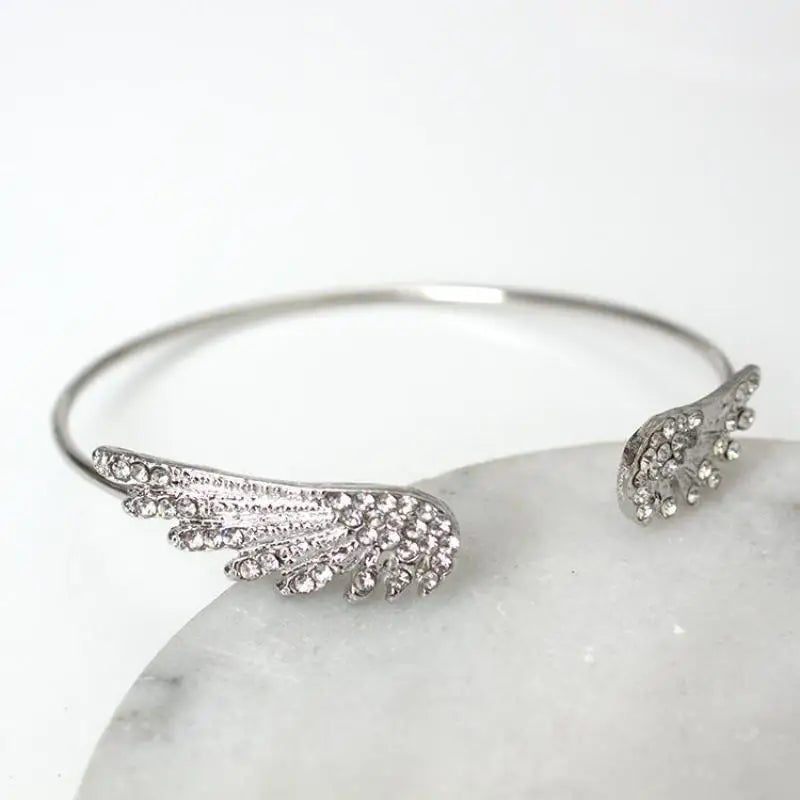 Korean Angel Wing Rhinestone Open Cuff Bracelet, Silver Plated Feather Bangle