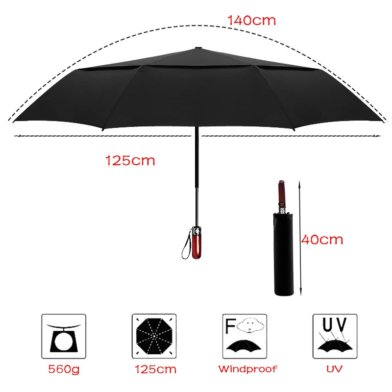 X Large Automatic Umbrella – Windproof Double Layer Folding Sun & Rain Golf Umbrella with Wooden Handle