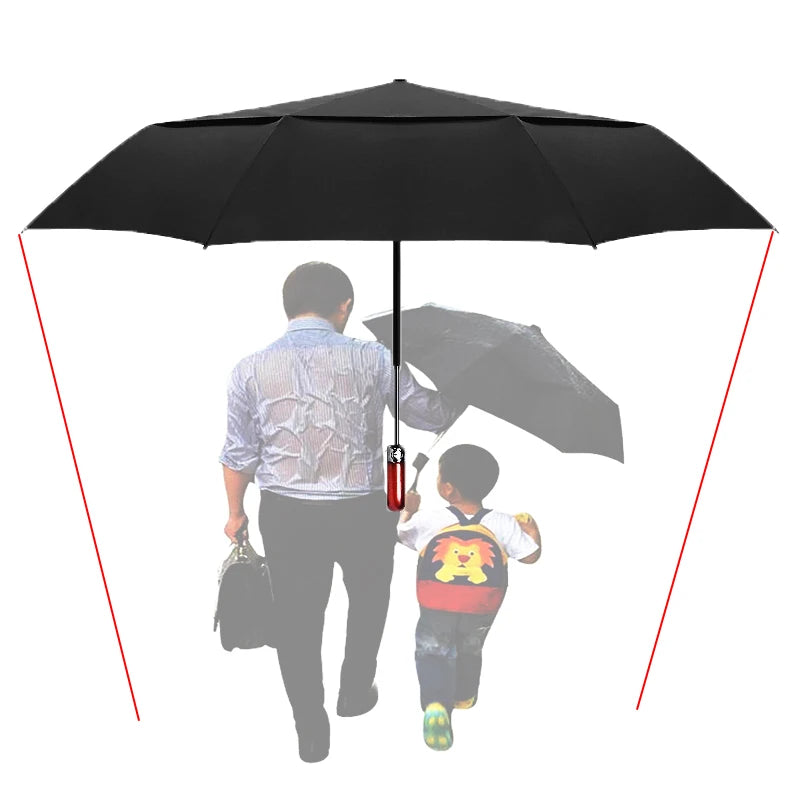 X Large Automatic Umbrella – Windproof Double Layer Folding Sun & Rain Golf Umbrella with Wooden Handle
