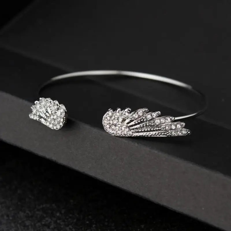 Korean Angel Wing Rhinestone Open Cuff Bracelet, Silver Plated Feather Bangle