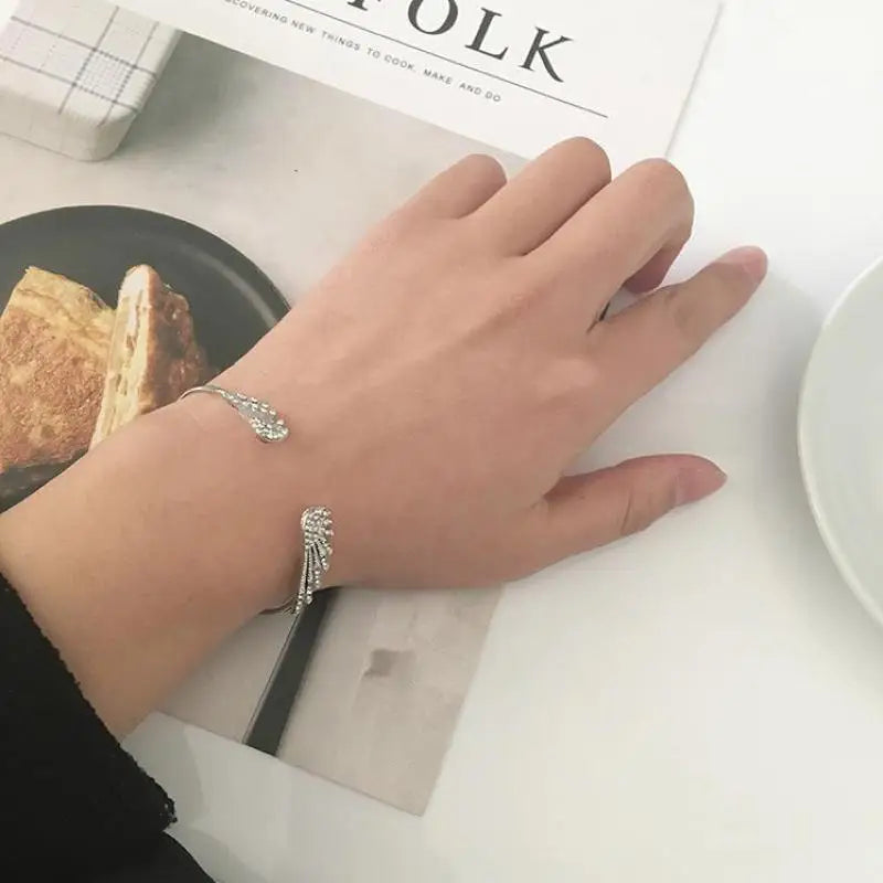 Korean Angel Wing Rhinestone Open Cuff Bracelet, Silver Plated Feather Bangle