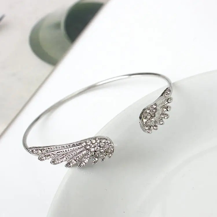 Korean Angel Wing Rhinestone Open Cuff Bracelet, Silver Plated Feather Bangle