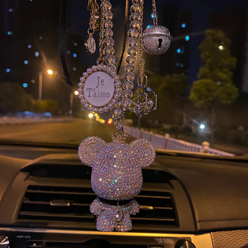 Fashion Crystal Cartoon Bear Car Pendant – Rhinestone Bell Hanging Ornament with Tassels