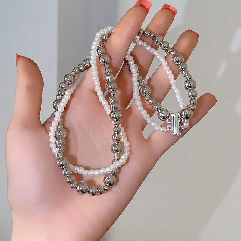 Layered Imitation Pearl Choker Necklace, Magnetic Clasp