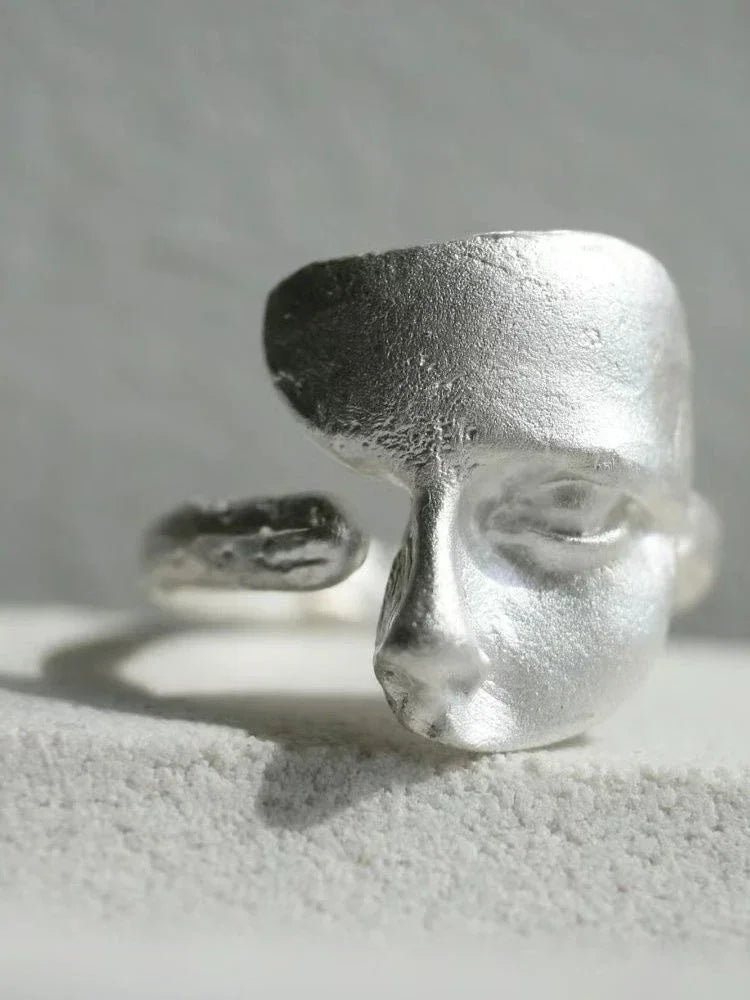 Abstract Face Adjustable Ring, Silver-Plated Unisex Art Statement