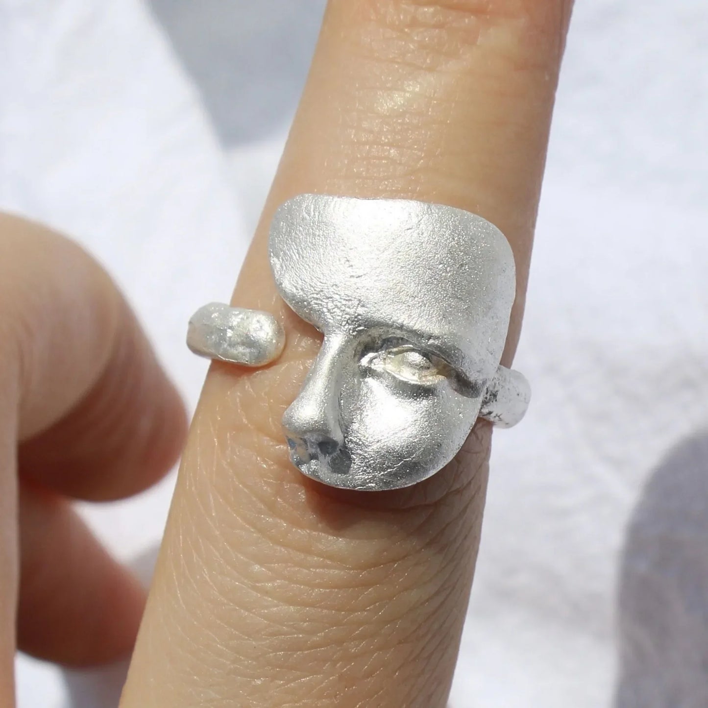 Abstract Face Adjustable Ring, Silver-Plated Unisex Art Statement