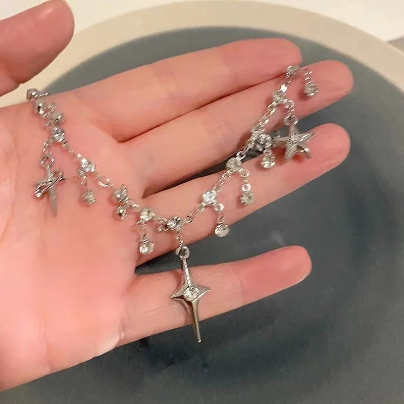 Y2K Star Chain Necklace Irregular Zircon Crystal Tassel Choker, Aesthetic K-Pop Style