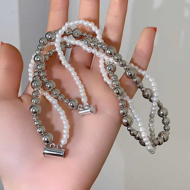 Layered Imitation Pearl Choker Necklace, Magnetic Clasp
