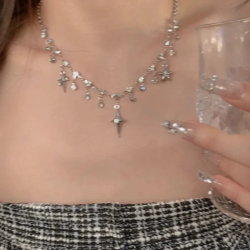 Y2K Star Chain Necklace Irregular Zircon Crystal Tassel Choker, Aesthetic K-Pop Style