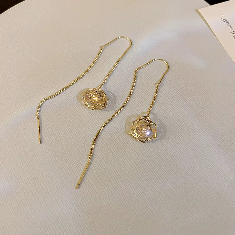 Elegant Cubic Zirconia Drop Earrings – Women’s Classic Long Chain Dangle Earrings, Copper Alloy, Plant-Inspired Design