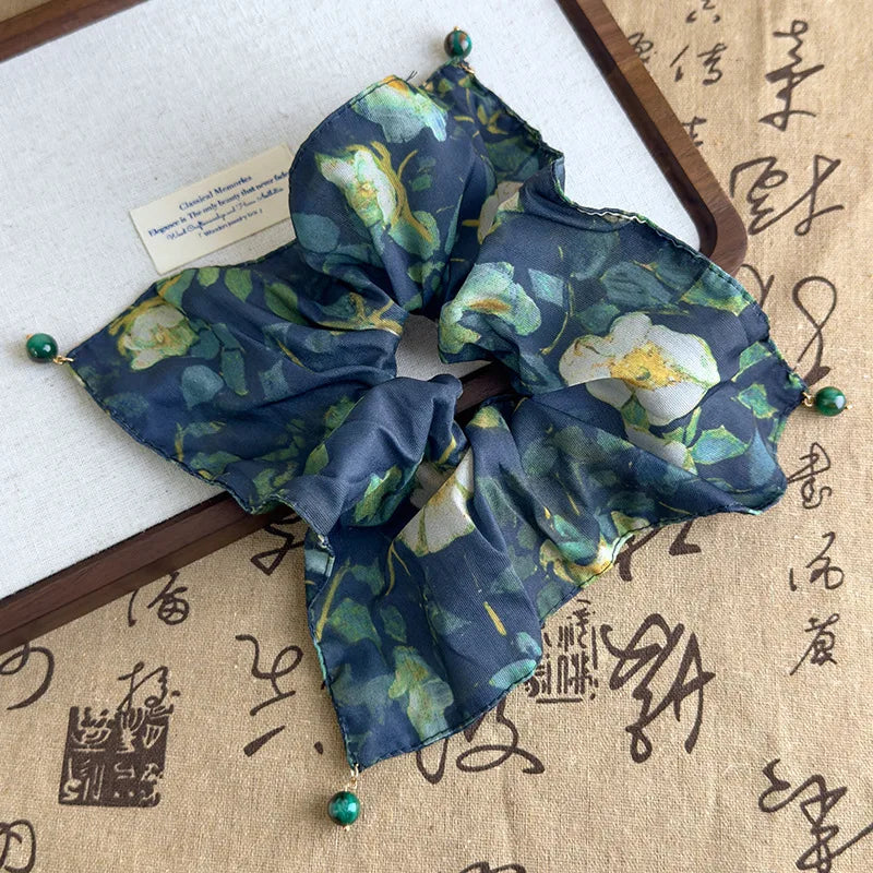 French-Style Satin Scrunchie with Pearl Square Elastic Ponytail Holder