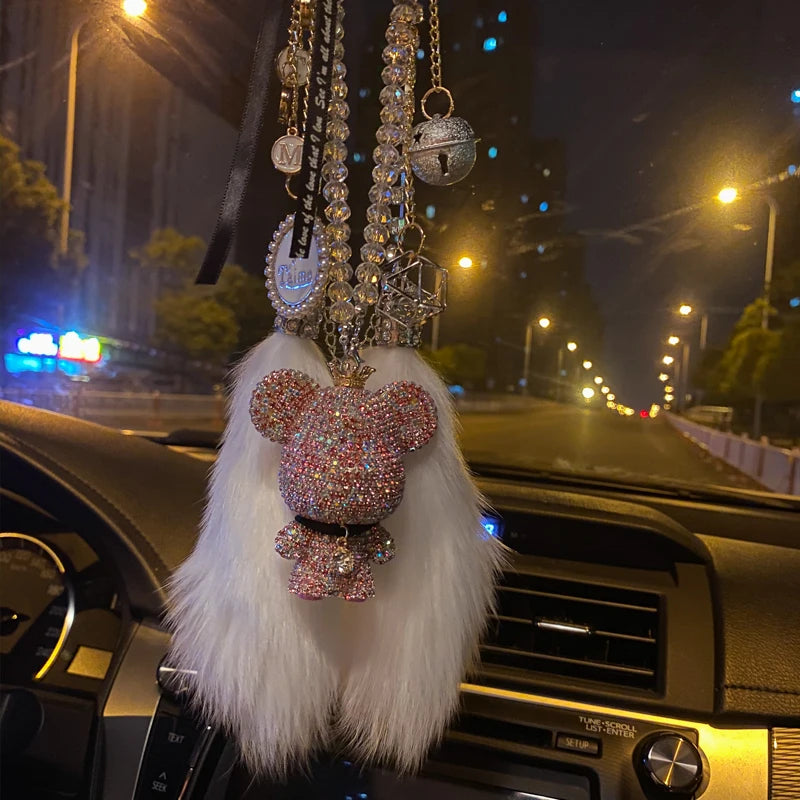 Fashion Crystal Cartoon Bear Car Pendant – Rhinestone Bell Hanging Ornament with Tassels