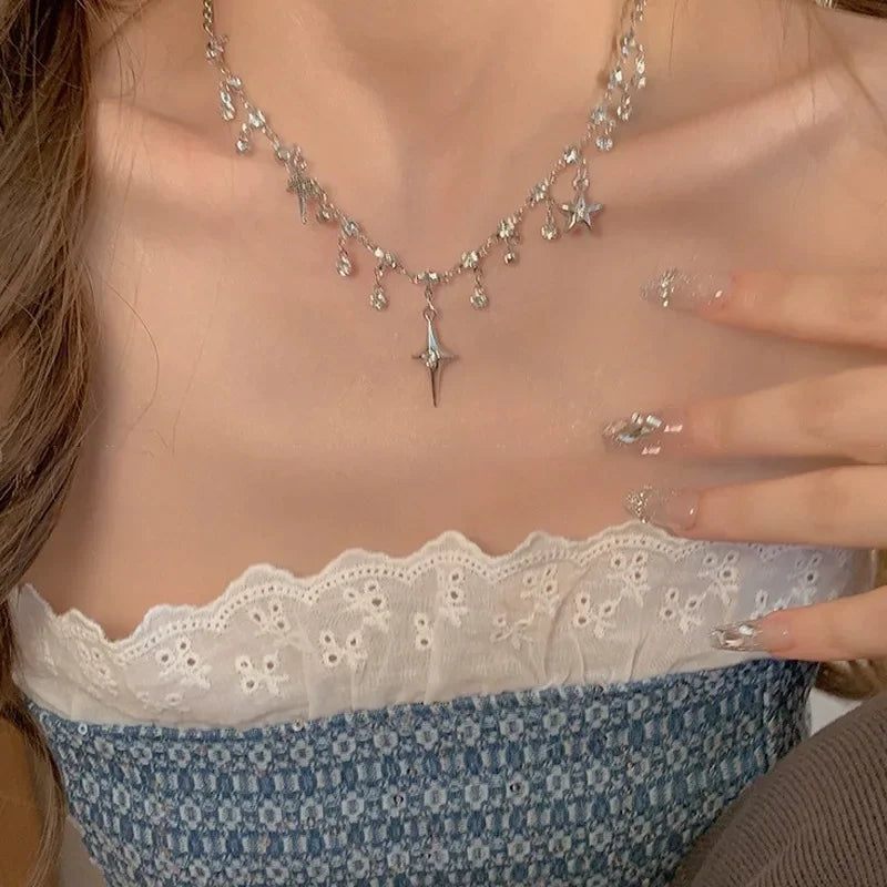 Y2K Star Chain Necklace Irregular Zircon Crystal Tassel Choker, Aesthetic K-Pop Style