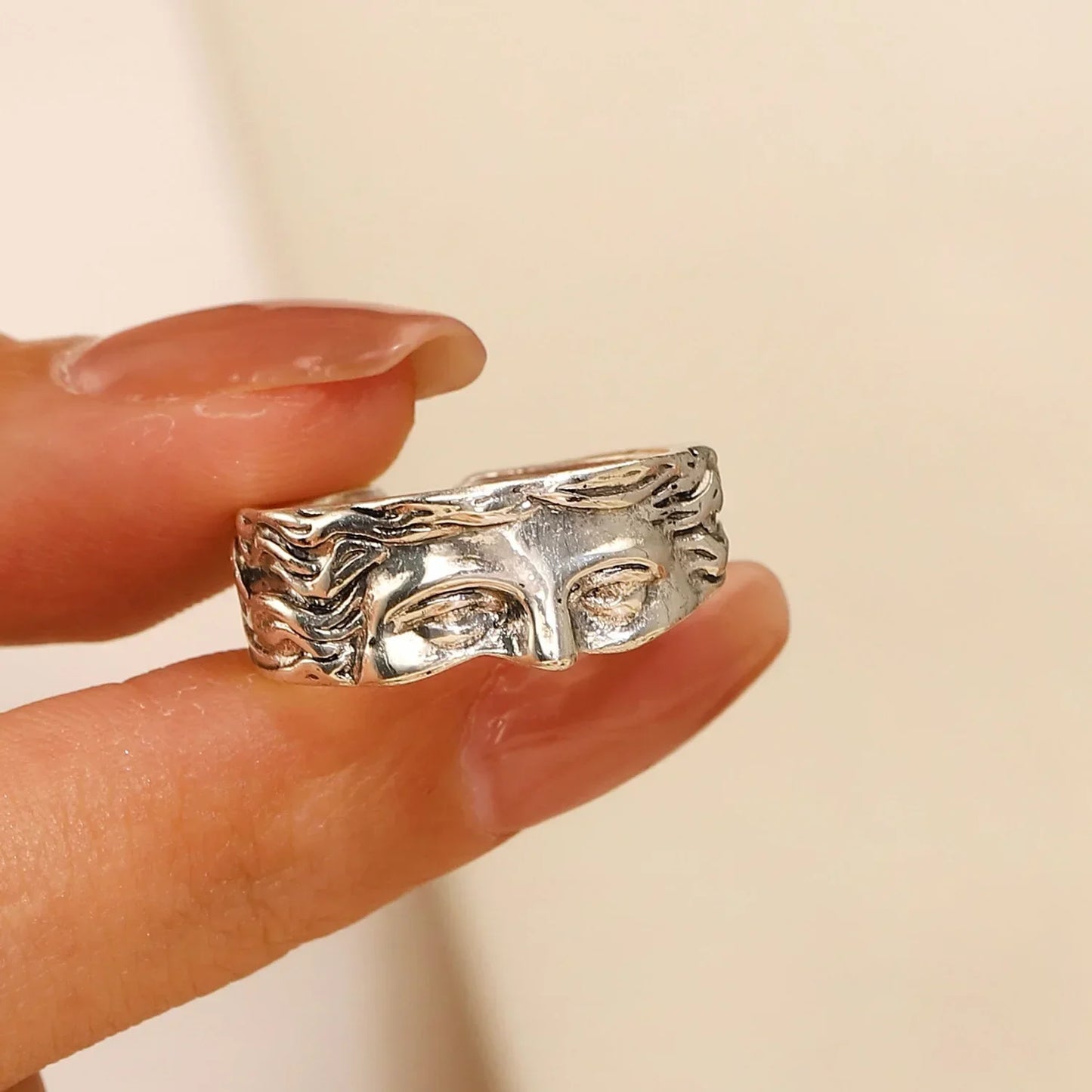Abstract Face Adjustable Ring, Silver-Plated Unisex Art Statement
