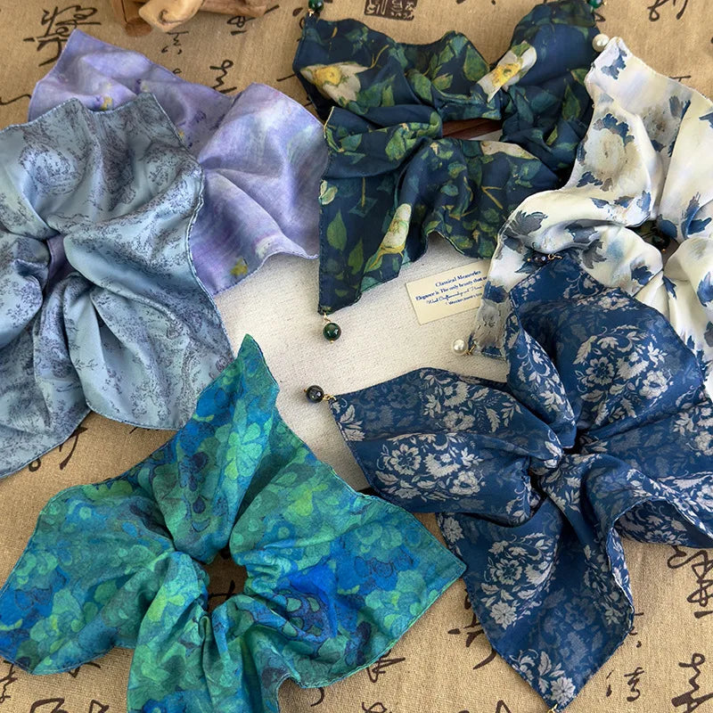 French-Style Satin Scrunchie with Pearl Square Elastic Ponytail Holder