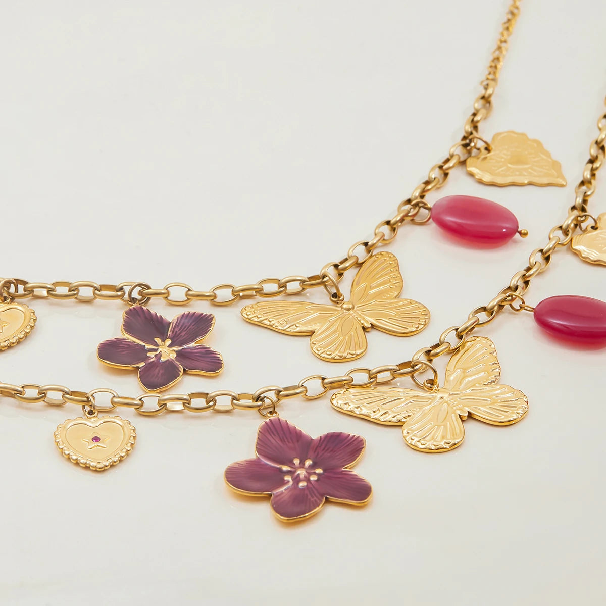 Vacation Style 18K Gold Plated Stainless Steel Necklace Wine Red Flower & Butterfly Pendant