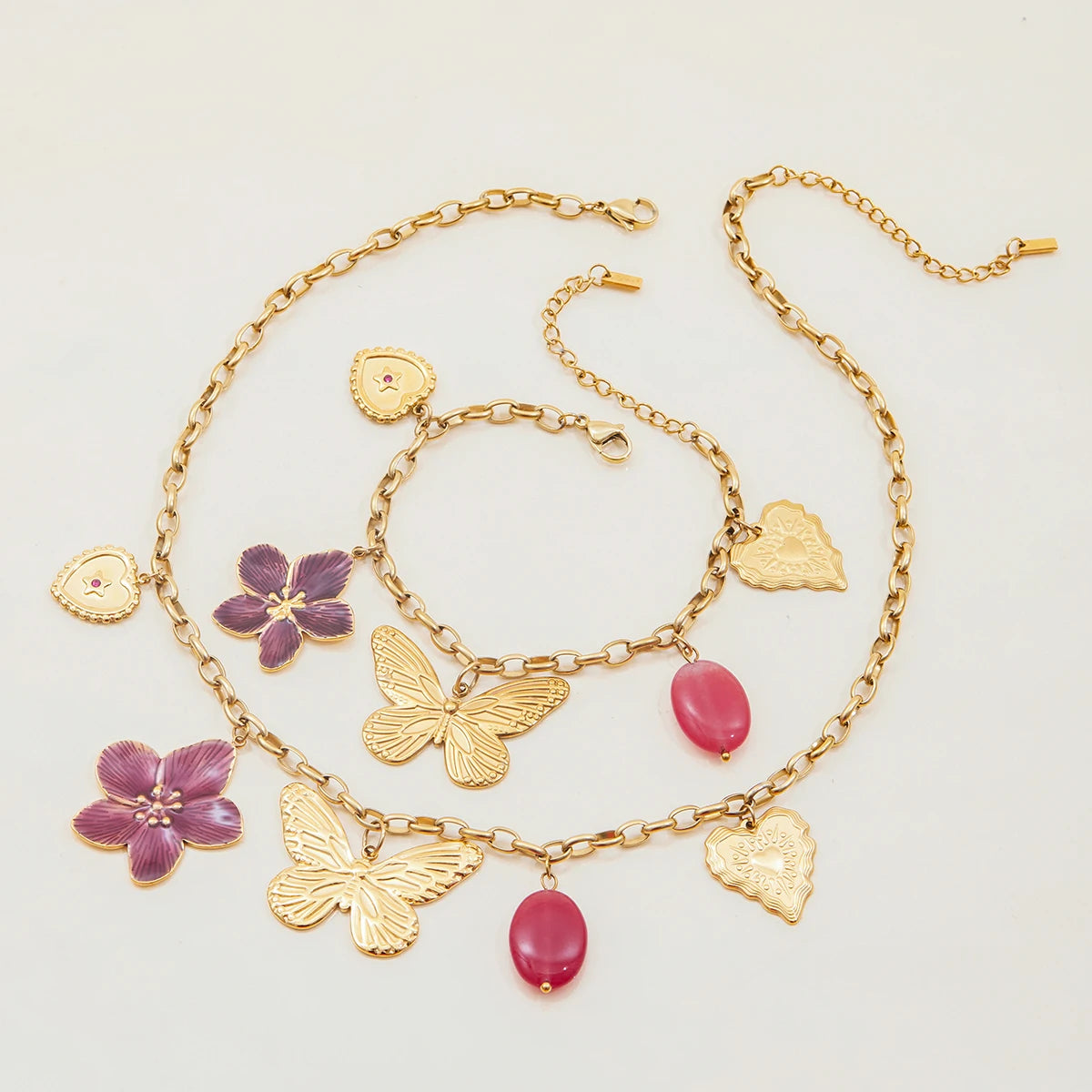 Vacation Style 18K Gold Plated Stainless Steel Necklace Wine Red Flower & Butterfly Pendant