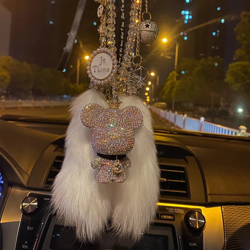 Fashion Crystal Cartoon Bear Car Pendant – Rhinestone Bell Hanging Ornament with Tassels