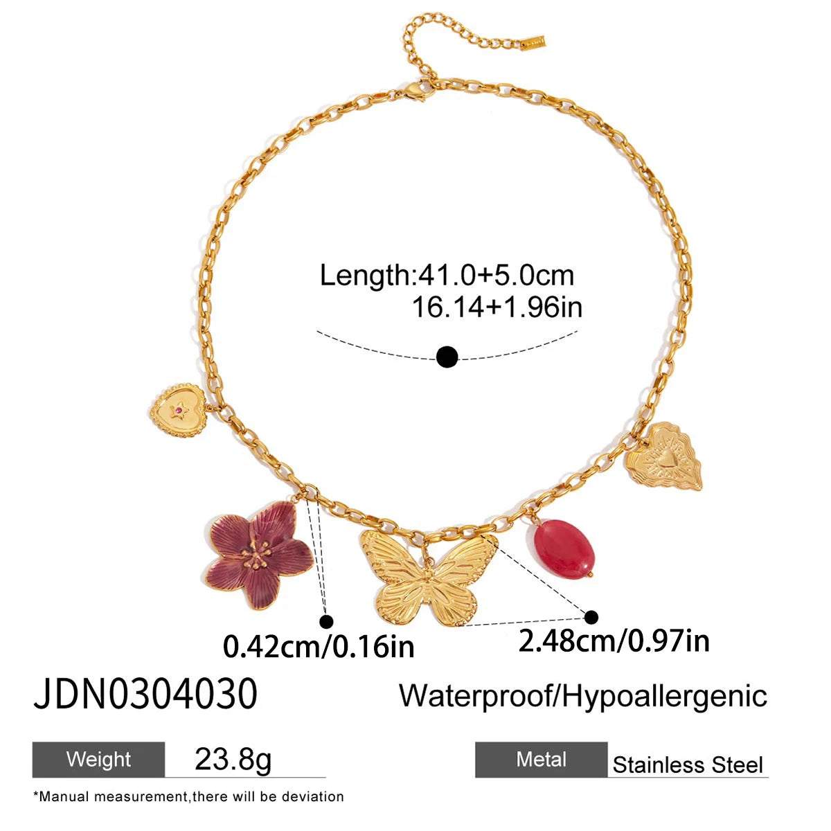Vacation Style 18K Gold Plated Stainless Steel Necklace Wine Red Flower & Butterfly Pendant