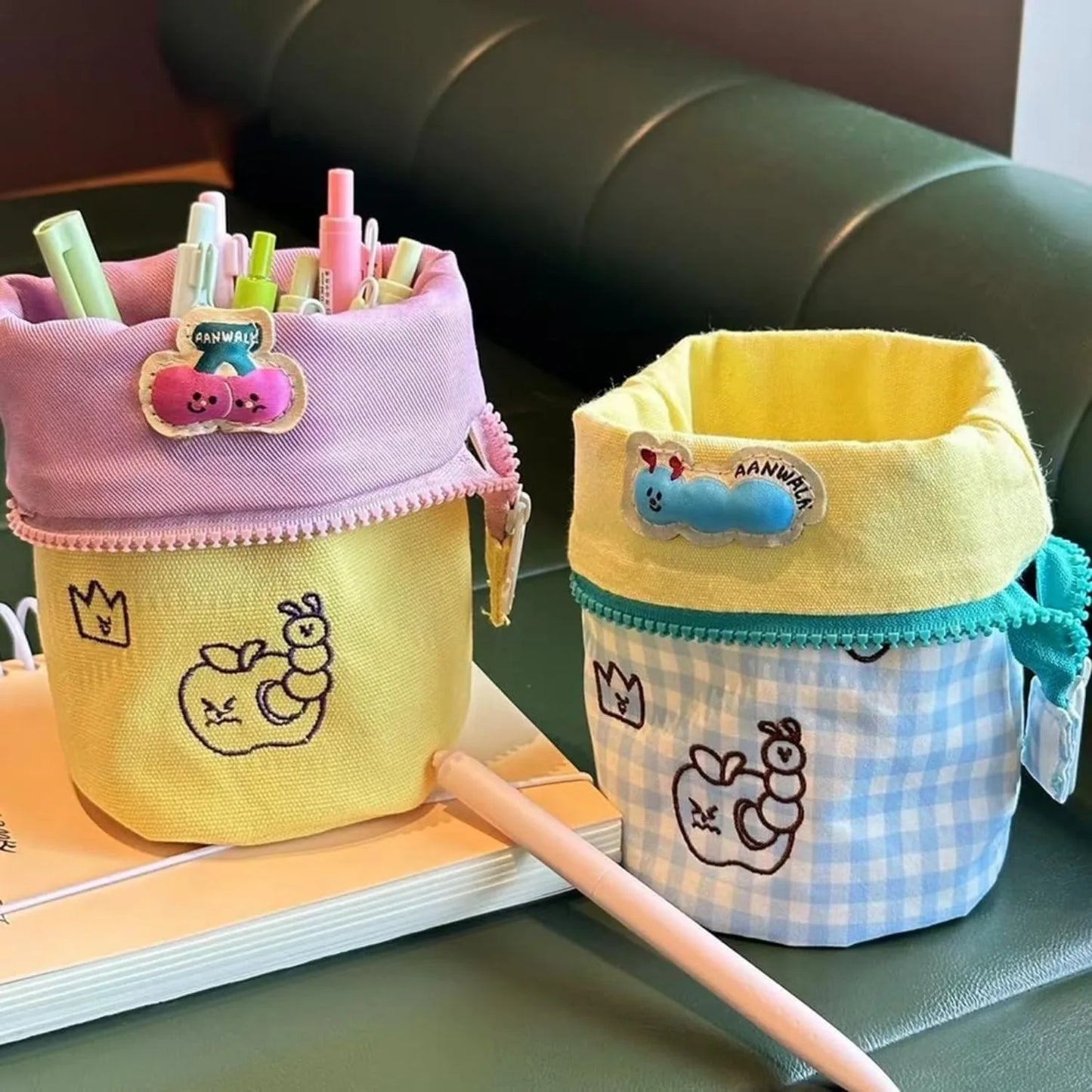 Large Vertical Pencil Case with Flip Cover and Embroidery - Creative Stationery Storage Multifunctional Back To School Supplies
