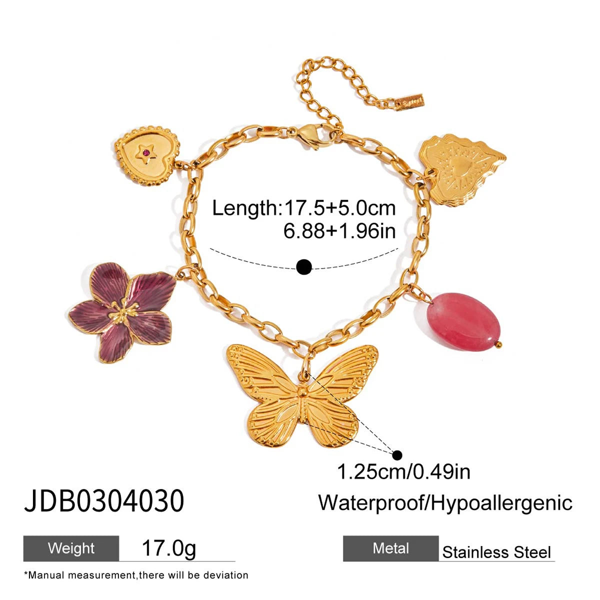 Vacation Style 18K Gold Plated Stainless Steel Necklace Wine Red Flower & Butterfly Pendant