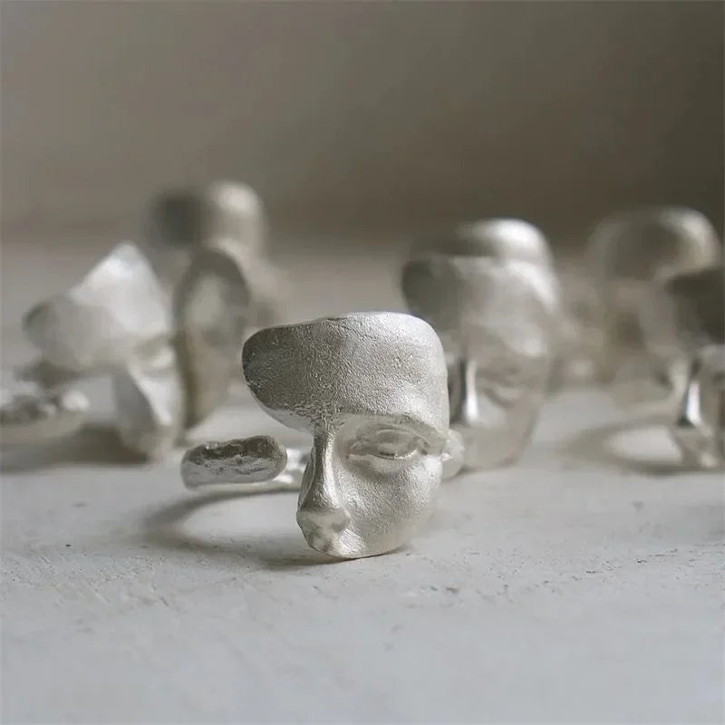 Abstract Face Adjustable Ring, Silver-Plated Unisex Art Statement