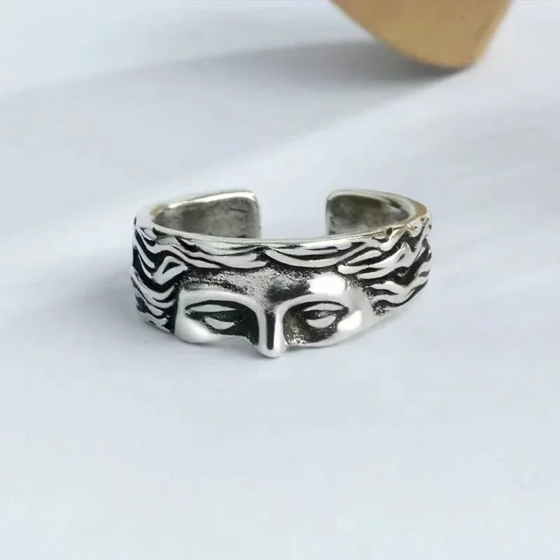 Abstract Face Adjustable Ring, Silver-Plated Unisex Art Statement