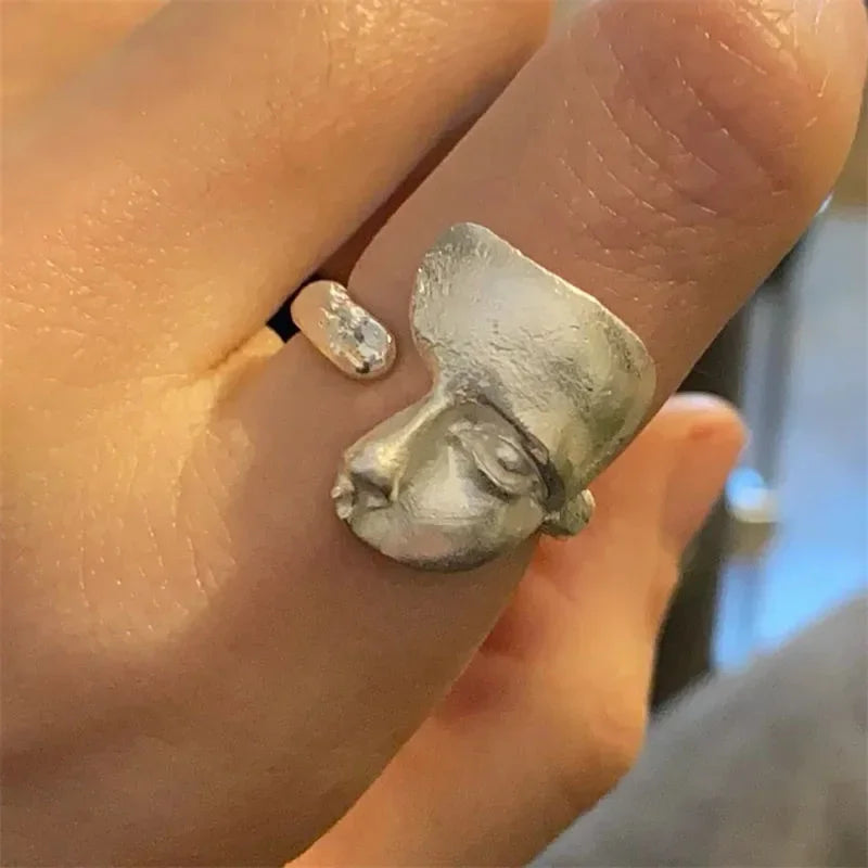 Abstract Face Adjustable Ring, Silver-Plated Unisex Art Statement