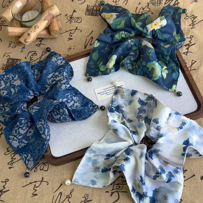 French-Style Satin Scrunchie with Pearl Square Elastic Ponytail Holder