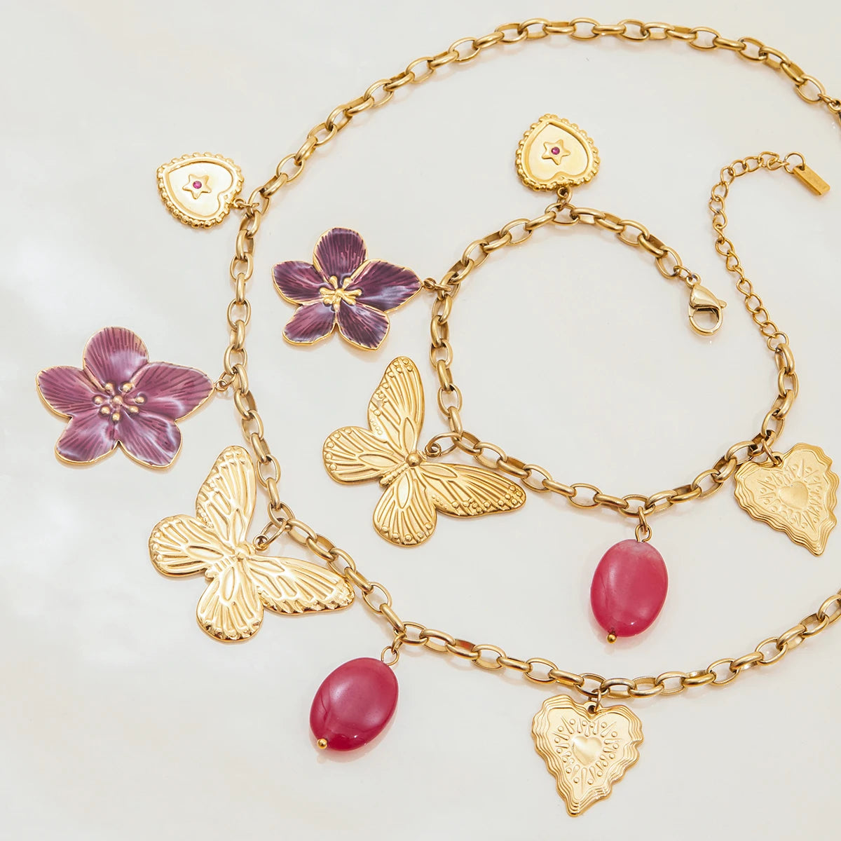 Vacation Style 18K Gold Plated Stainless Steel Necklace Wine Red Flower & Butterfly Pendant