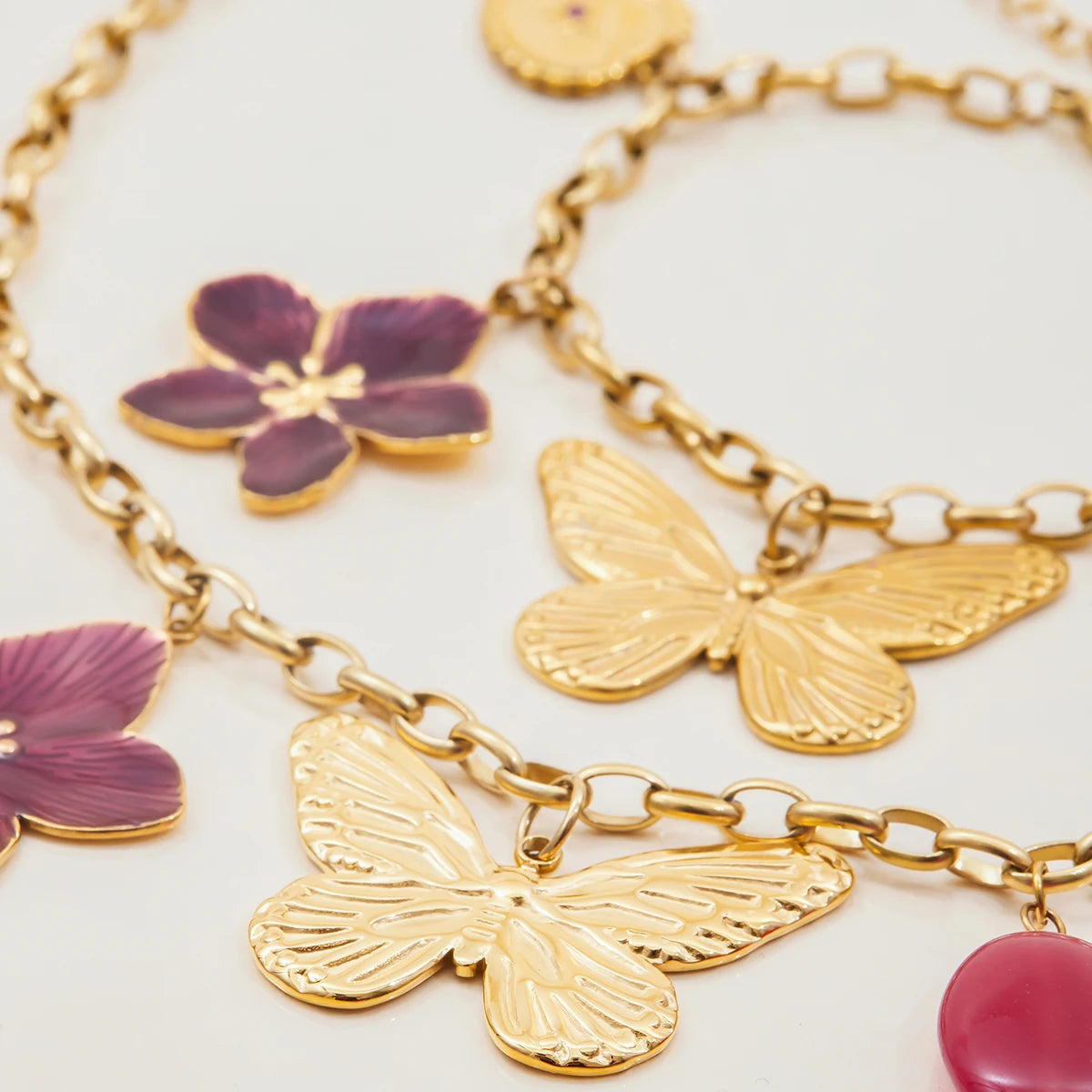 Vacation Style 18K Gold Plated Stainless Steel Necklace Wine Red Flower & Butterfly Pendant