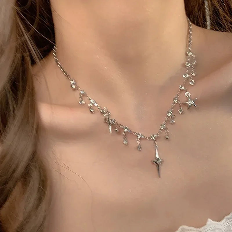 Y2K Star Chain Necklace Irregular Zircon Crystal Tassel Choker, Aesthetic K-Pop Style