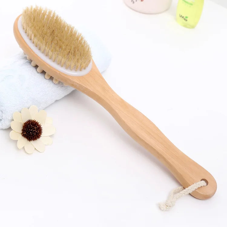 2-in-1 Dry Skin Body Massage Brush – Natural Bristle Anti-Cellulite Exfoliating Tool
