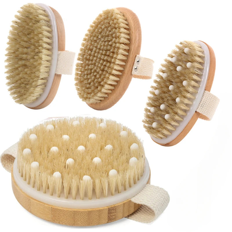 2-in-1 Dry Skin Body Massage Brush – Natural Bristle Anti-Cellulite Exfoliating Tool
