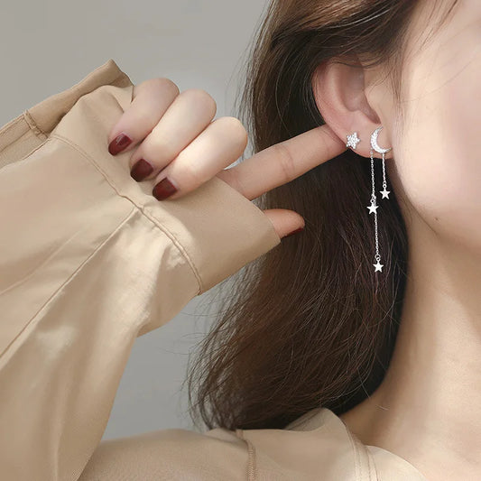 🌙✨ 925 Sterling Silver Asymmetrical Star & Moon Tassel Earrings – Elegant Zircon Drop Jewelry for Women