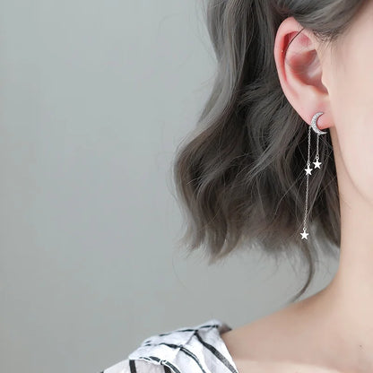 🌙✨ 925 Sterling Silver Asymmetrical Star & Moon Tassel Earrings – Elegant Zircon Drop Jewelry for Women
