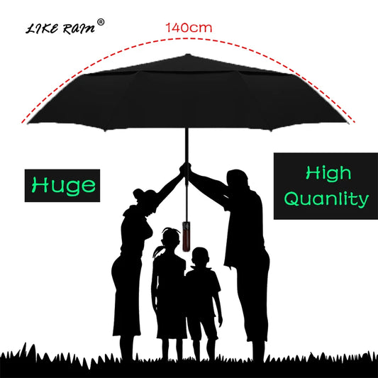 X Large Automatic Umbrella – Windproof Double Layer Folding Sun & Rain Golf Umbrella with Wooden Handle