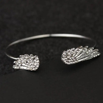 Korean Angel Wing Rhinestone Open Cuff Bracelet, Silver Plated Feather Bangle