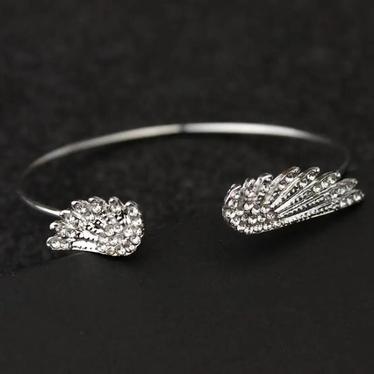 Korean Angel Wing Rhinestone Open Cuff Bracelet, Silver Plated Feather Bangle