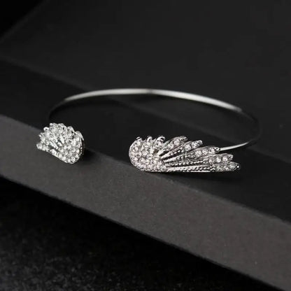 Korean Angel Wing Rhinestone Open Cuff Bracelet, Silver Plated Feather Bangle