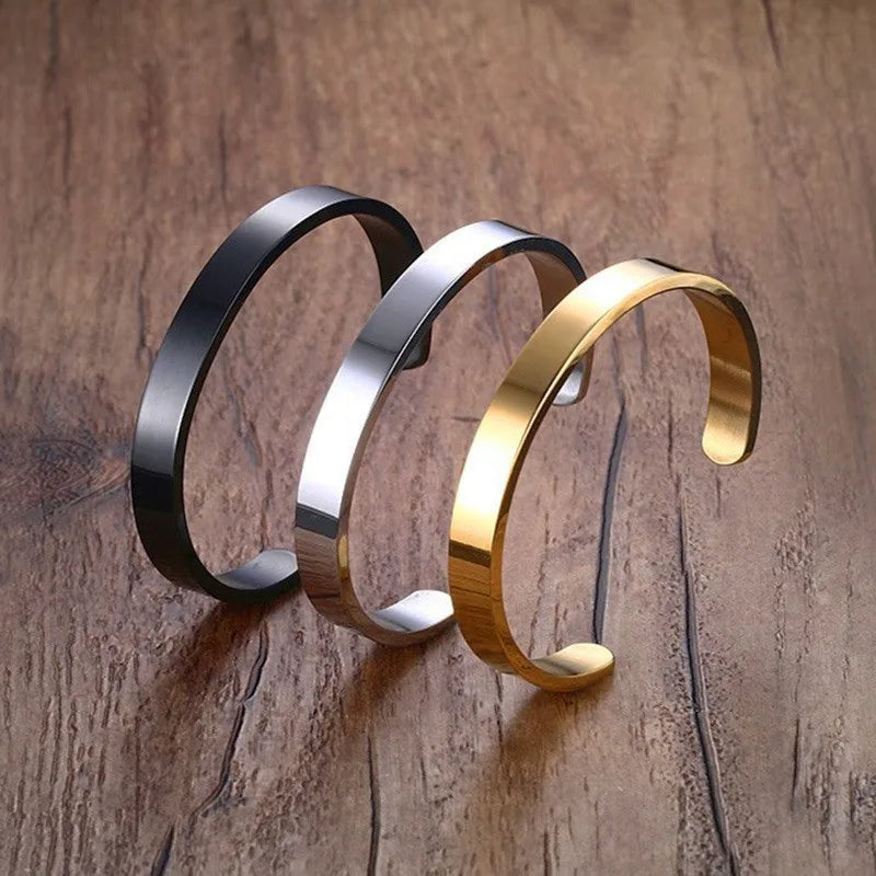 Stainless Steel Cuff Bracelet – 8mm Unisex Bangle in Silver, Gold, Black & Rose Gold