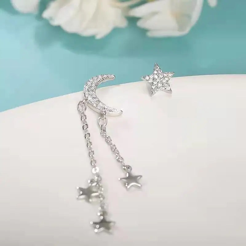 🌙✨ 925 Sterling Silver Asymmetrical Star & Moon Tassel Earrings – Elegant Zircon Drop Jewelry for Women