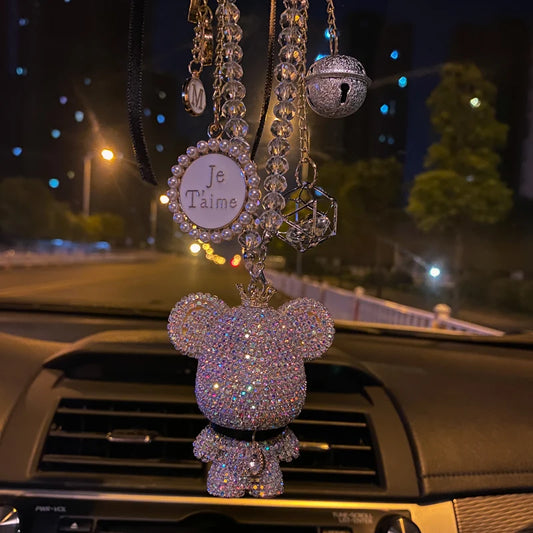 Fashion Crystal Cartoon Bear Car Pendant – Rhinestone Bell Hanging Ornament with Tassels