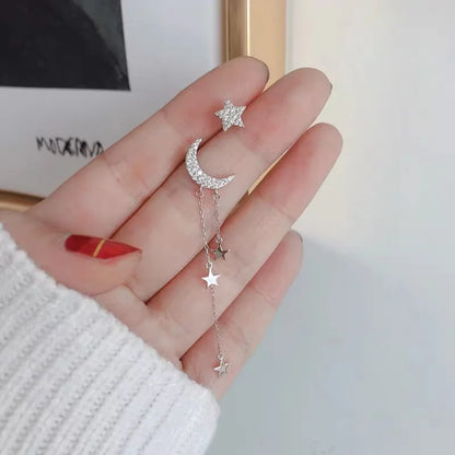 🌙✨ 925 Sterling Silver Asymmetrical Star & Moon Tassel Earrings – Elegant Zircon Drop Jewelry for Women