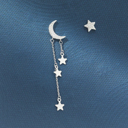 🌙✨ 925 Sterling Silver Asymmetrical Star & Moon Tassel Earrings – Elegant Zircon Drop Jewelry for Women