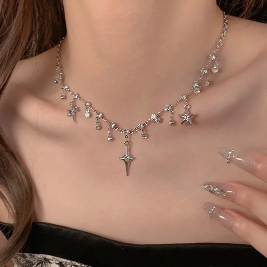 Y2K Star Chain Necklace Irregular Zircon Crystal Tassel Choker, Aesthetic K-Pop Style