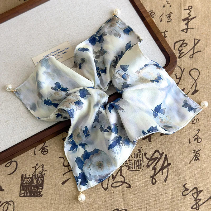 French-Style Satin Scrunchie with Pearl Square Elastic Ponytail Holder
